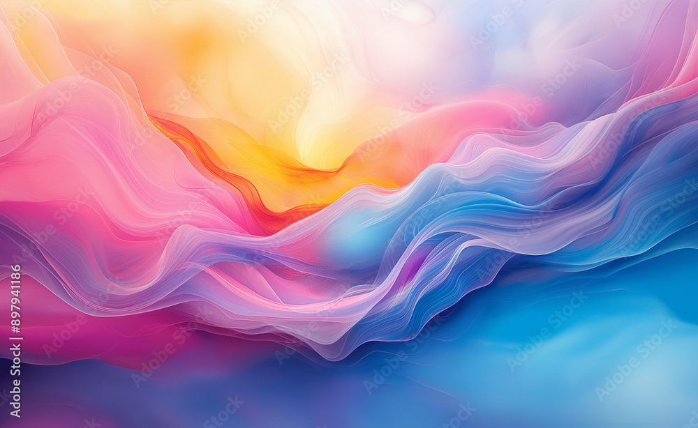 Obraz premium Abstract colorful waves blending pink, blue, and yellow hues.