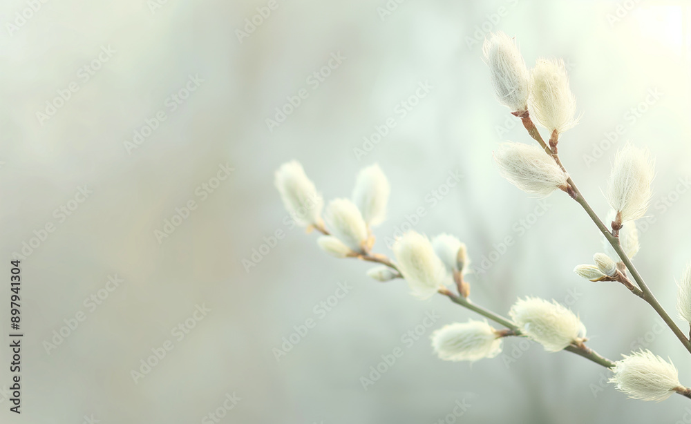 Soft focus close-up of pussy willow branches with fluffy catkins.