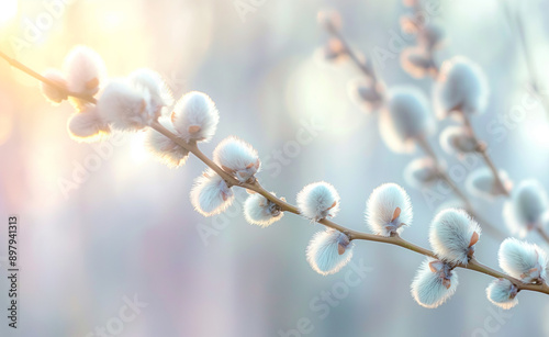 Soft focus close-up of pussy willow branches with fluffy catkins.