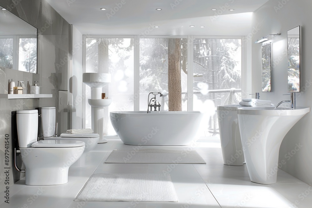 Minimalist white bathroom with clean lines and contemporary fixtures Minimalist white bathroom with clean lines and contemporary fixtures