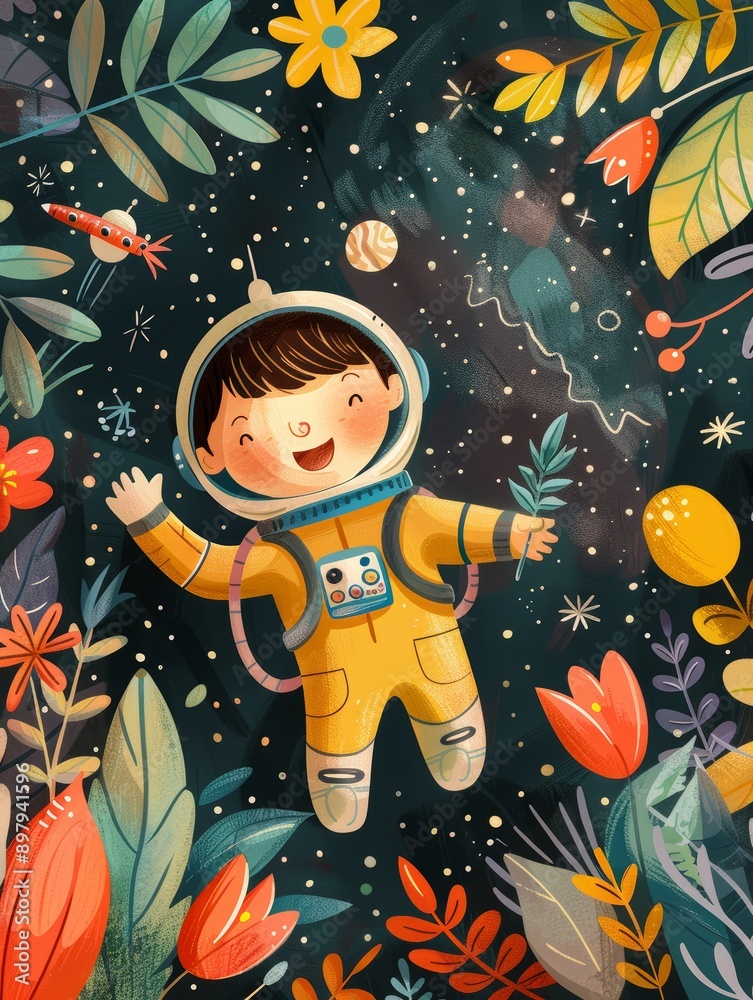 ** Whimsical Children's Book Illustration of a Happy Astronaut Exploring a Colorful Fantasy Space with Flowers and Stars..** ** Whimsical Children's Book Illustration of a Happy Astronaut Exploring a Colorful Fantasy Space with Flowers and Stars..**