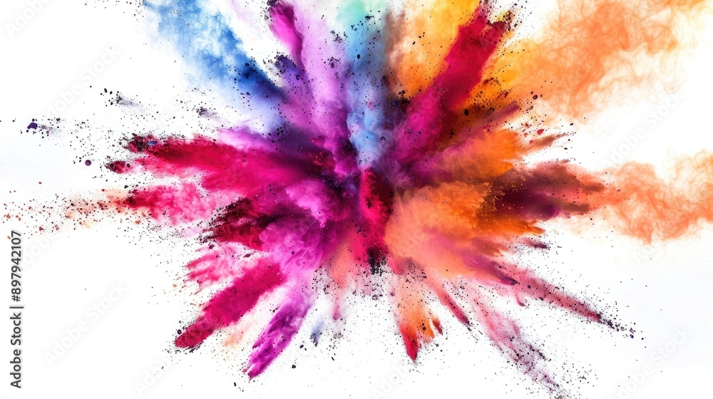 Dynamic explosion of colored powder on solid white background, vibrant burst Dynamic explosion of colored powder on solid white background, vibrant burst