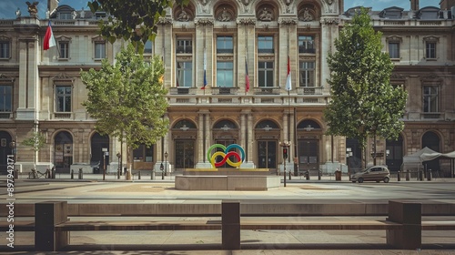 Célèbre Logo des JO de Paris 2024 : Anneaux Olympiques devant la Façade de la Mairie avec Statue – Mai 2023 photo