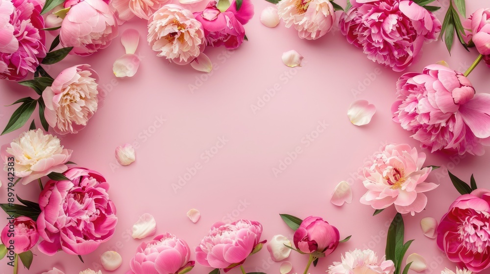 A stylish flat lay arrangement showcasing a frame of beautiful peony flowers on a blush pink background, offering a chic and sophisticated design element for enhancing various creative projects. A stylish flat lay arrangement showcasing a frame of beautiful peony flowers on a blush pink background, offering a chic and sophisticated design element for enhancing various creative projects.