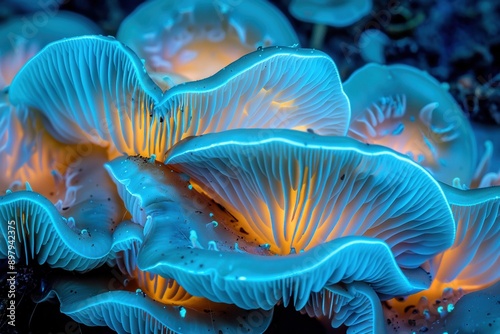 Closeup of bioluminescent mushroom gills glowing in the dark with a vibrant and ethereal light. © kanoktuch