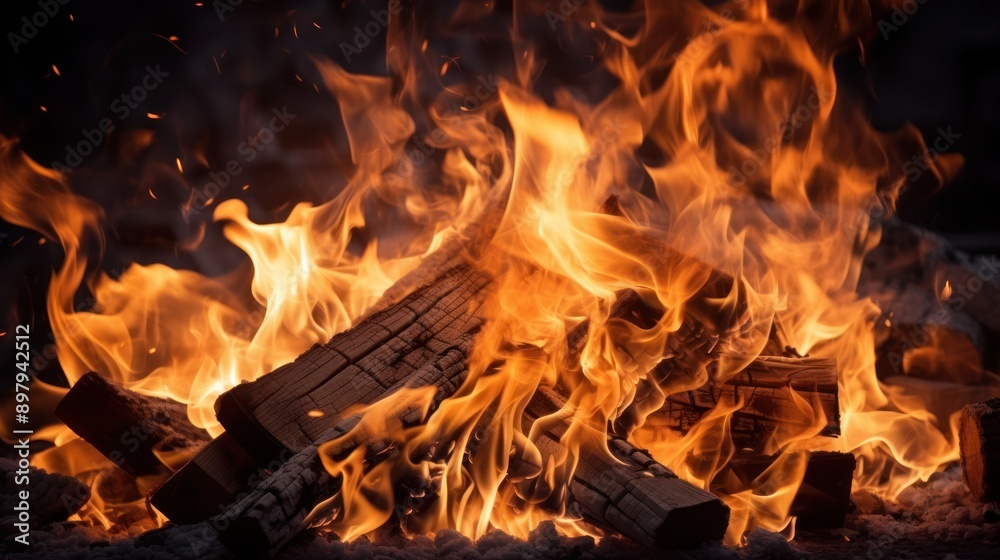 Intense blaze of red and orange fire contrasted against a dark canvas Intense blaze of red and orange fire contrasted against a dark canvas