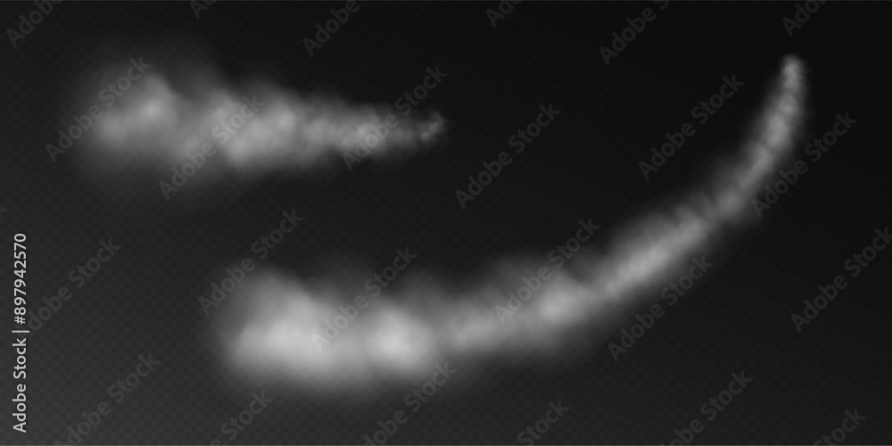 Smoke trails, airplane condensation trails, contrails left by a rocket or a jet, steam lines from fast motion of a plane. Vector illustration.