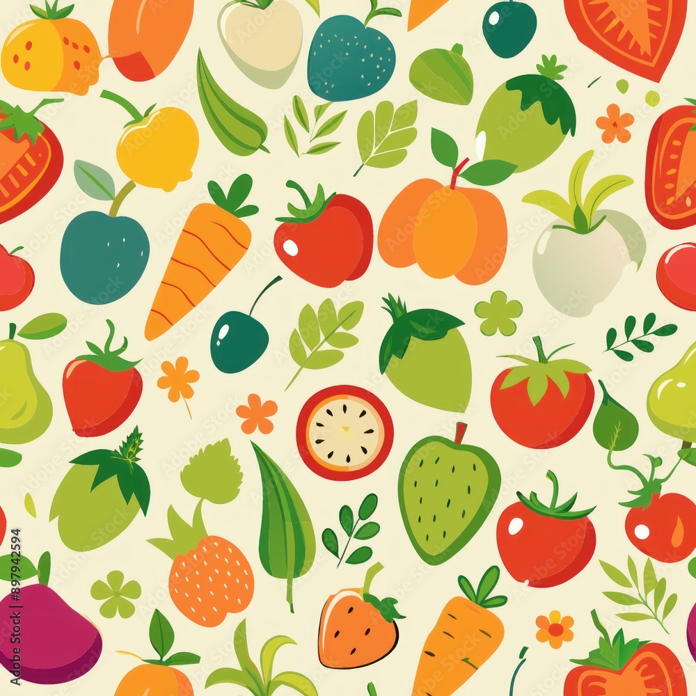 Seamless pattern of farm produce such as fruits and vegetables, Generative AI Seamless pattern of farm produce such as fruits and vegetables, Generative AI