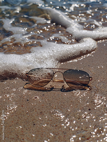 Sunglasses on Sandy Beach with Waves