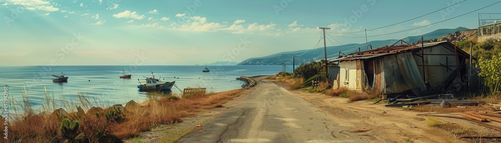 Asphalt road through a rural coastal area, fishing boats visible, marine rural transit Asphalt road through a rural coastal area, fishing boats visible, marine rural transit