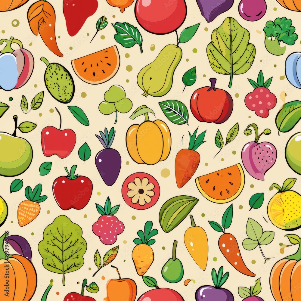 Seamless pattern of farm produce such as fruits and vegetables, Generative AI Seamless pattern of farm produce such as fruits and vegetables, Generative AI