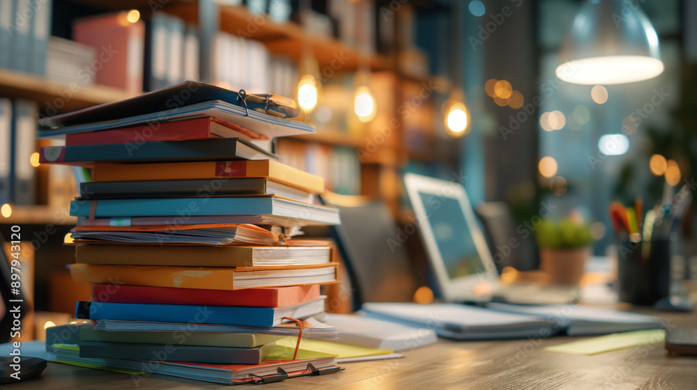 Pile of colorful folders and papers on a desk with soft focus lights in the background. Pile of colorful folders and papers on a desk with soft focus lights in the background.
