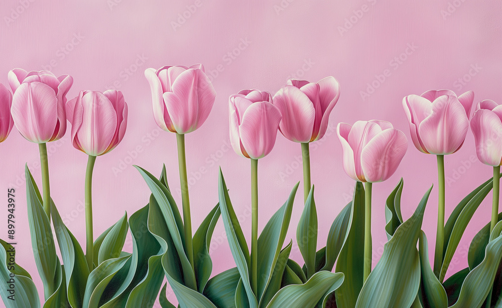 Row of pink tulips against a pink background. Row of pink tulips against a pink background.