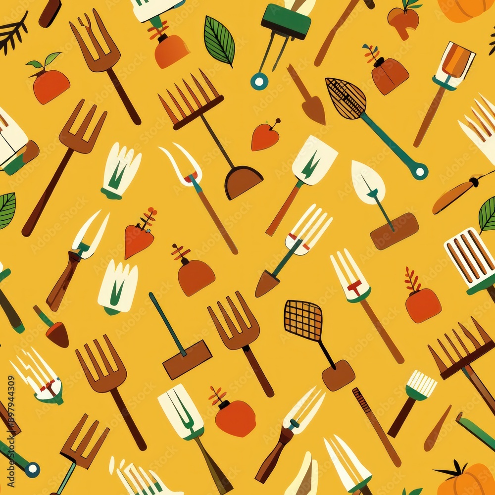 Obraz premium Seamless pattern of farmyard tools like pitchforks and shovels, Generative AI