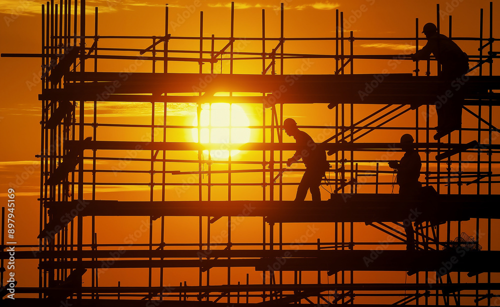 Workers silhouetted against a sunset on scaffolding. Workers silhouetted against a sunset on scaffolding.