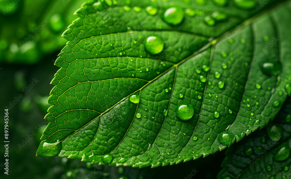 Close-up of water droplets on a green leaf. Close-up of water droplets on a green leaf.