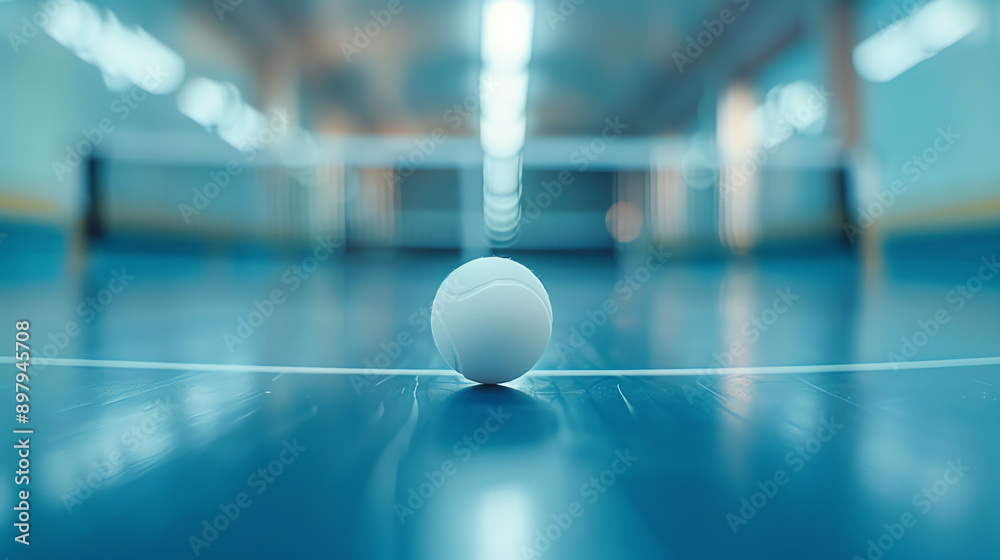 A Single White Tennis Ball Resting on a Blue Court