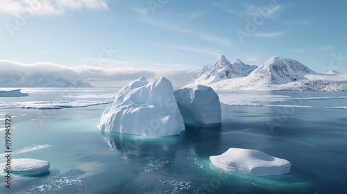 Arctic Iceberg Landscape: A majestic iceberg floats in the crystal-clear waters of the Arctic, its towering form reflected in the calm sea. The backdrop of snow-capped mountains adds to the breathtaki photo