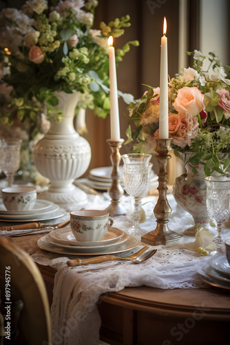 Inviting Rustic Dining Table setting with Floral Centerpiece and Candlelight Ambiance