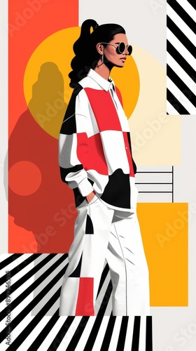 Illustration of a girl in a retro 1980s outfit, bold colors and patterns with vintage flair, dynamic and nostalgic, capturing the era's spirit