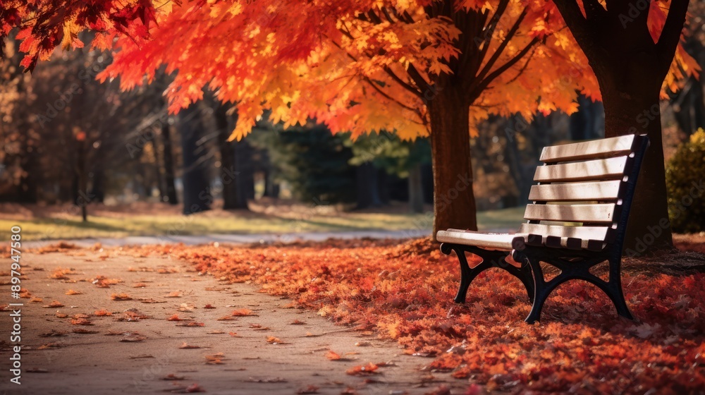 Fototapeta premium Quiet park bench surrounded by vivid fall colors of red, orange, and yellow leaves
