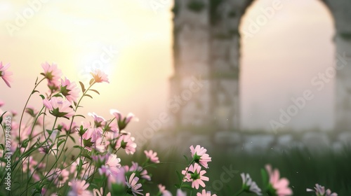 Enchanted meadow with wildflowers and ancient ruins, calm magical mist creating an ethereal glow, spellbound and serene atmosphere