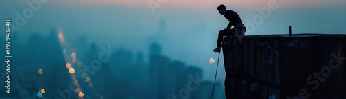 Nighttime silhouette of a climber on a skyscraper, urban, minimalist excitement