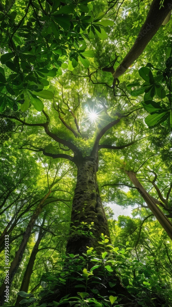 Fototapeta premium Majestic tree canopy with sunlight filtering through leaves from below