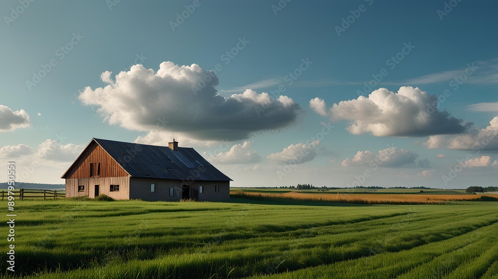 Abstract minimal summer horizontal poster, cover, card with blue sky, green fields, farm house. Abstract minimal summer horizontal poster, cover, card with blue sky, green fields, farm house.