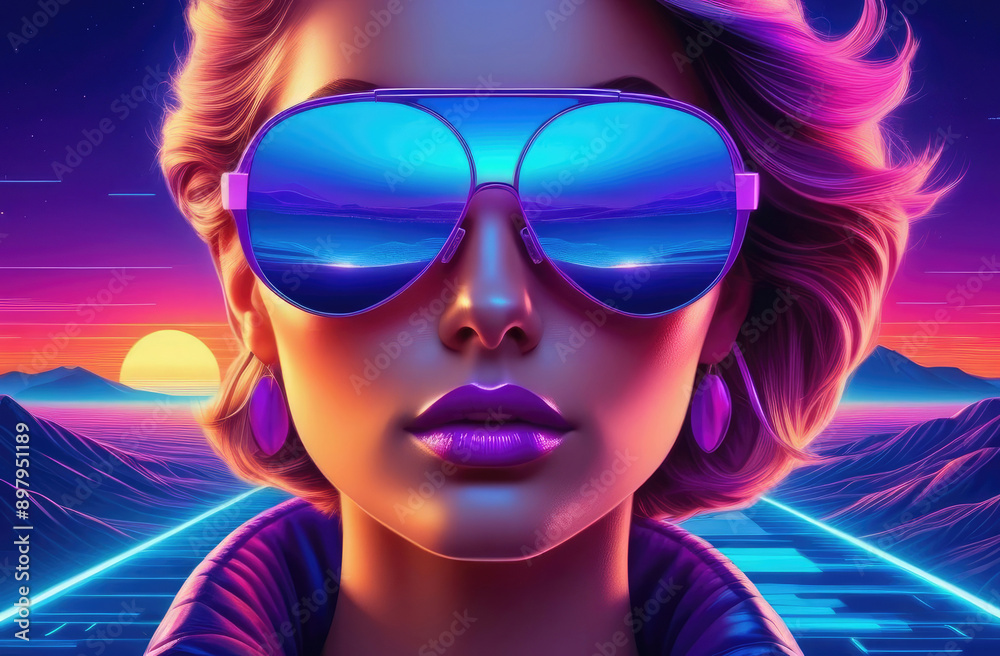 Stylish girl in sunglasses with 80s retro vibe. 3D virtual reality landscape in 1980s style Stylish girl in sunglasses with 80s retro vibe. 3D virtual reality landscape in 1980s style