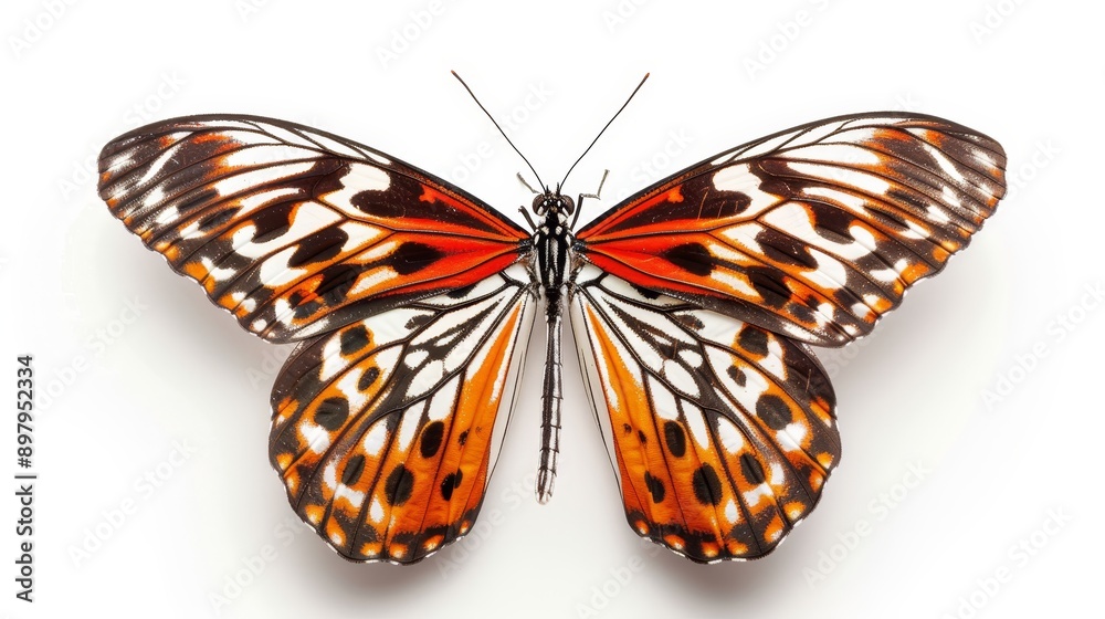Vibrant butterfly with open wings, intricate patterns, isolated on a pure white background, detailed textures and colors, natural lighting Vibrant butterfly with open wings, intricate patterns, isolated on a pure white background, detailed textures and colors, natural lighting