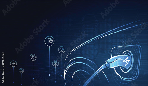 EV. Electric car connect to charging station with icons on blue background. Eco power, EV charger, alternative energy, rechargeable battery, auto industry, future technology. vector.
