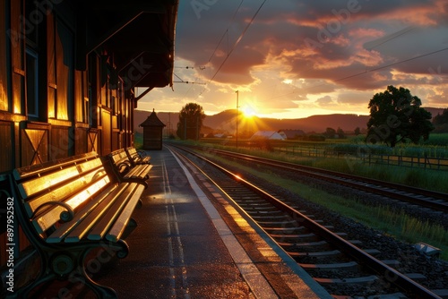 Sunset Train Station, Empty platform at sunset with glowing benches, Evening Journey
