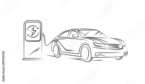 Electric car line with charging stations by sketch in concept of green. renewable energy and eco power produced from sustainable source. EV plugin station. technology electric car. vector design.