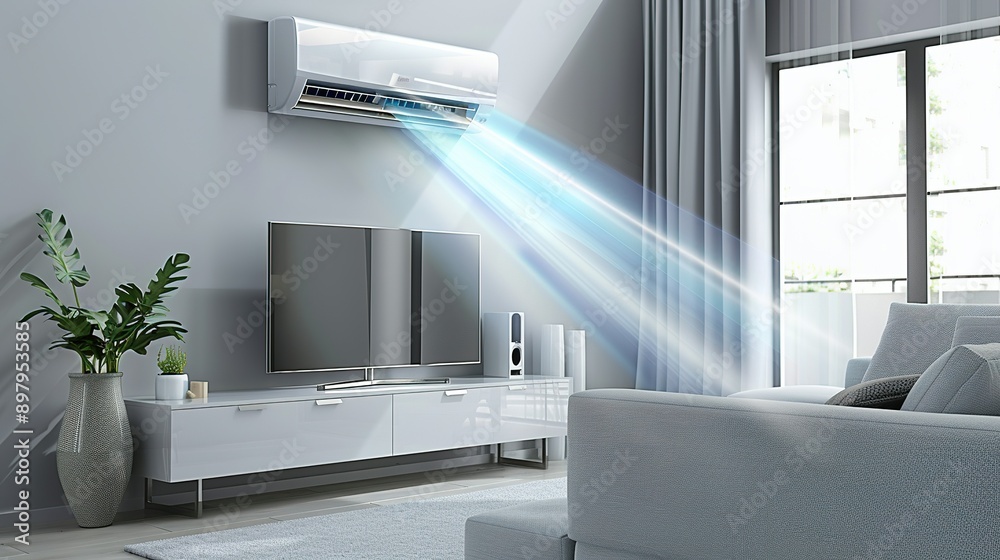 Energy-Efficient Air Conditioning in a Stylish Modern Living Room with Fresh Air Energy-Efficient Air Conditioning in a Stylish Modern Living Room with Fresh Air
