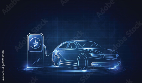 EV. Electric car connect to charging station on blue background. Eco power, EV charger, alternative energy, rechargeable battery, auto industry, future technology. vector.