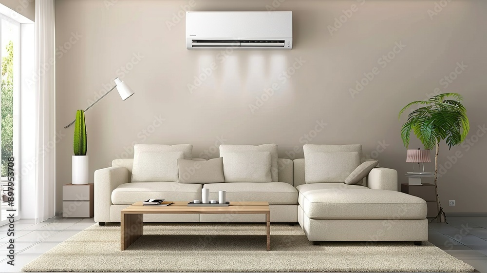 Fototapeta premium Fresh Natural Air in a Contemporary Living Room with an Energy-Efficient Air Conditioner