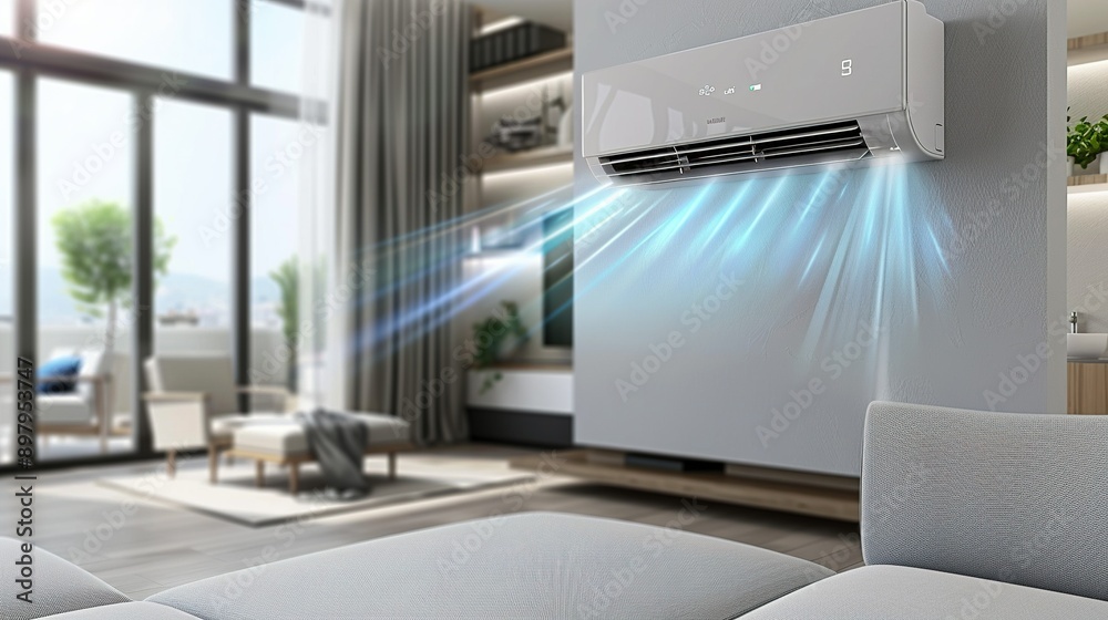 Fresh Natural Air in a Contemporary Living Room with an Energy-Efficient Air Conditioner Fresh Natural Air in a Contemporary Living Room with an Energy-Efficient Air Conditioner
