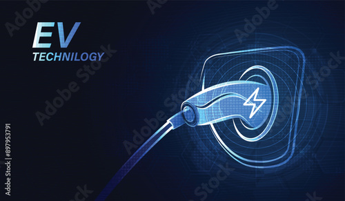 EV. Electric car connect to charging station on blue background. Eco power, EV charger, alternative energy, rechargeable battery, auto industry, future technology. vector.