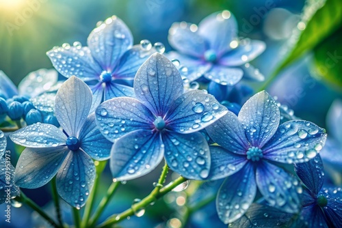 Delicate blue blossoms glisten with fresh morning dew, showcasing intricate petals and tender stems, exuding serene beauty and tranquility in a lush natural setting.