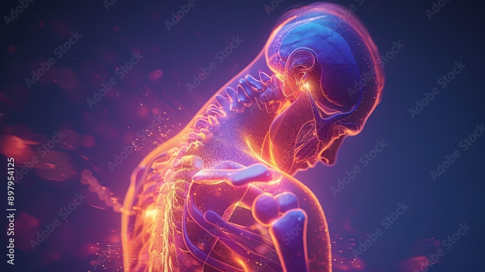 Abstract depiction of a human skeleton with glowing red and blue light, highlighting the spine and shoulder area. Abstract depiction of a human skeleton with glowing red and blue light, highlighting the spine and shoulder area.