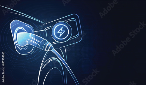 EV. Electric car connect to charging station on blue background. Eco power, EV charger, alternative energy, rechargeable battery, auto industry, future technology. vector.