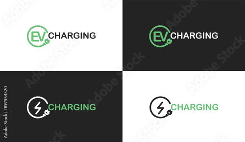 Electric car logo with charging stations by sketch in concept of green. renewable energy and eco power produced from sustainable source. EV plugin station. technology electric car. vector design.