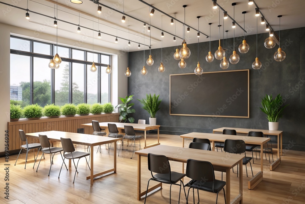 Modern classroom with empty blackboard and inspirational wall decals, illuminated by bright lighting, creating a motivational atmosphere for learning and growth. Modern classroom with empty blackboard and inspirational wall decals, illuminated by bright lighting, creating a motivational atmosphere for learning and growth.