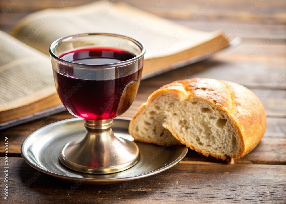 Delicate glass communion cup and plate with bread and wine sit beside an open holy scripture, symbolizing Jesus Christ's body and blood, sacred Easter ritual. Delicate glass communion cup and plate with bread and wine sit beside an open holy scripture, symbolizing Jesus Christ's body and blood, sacred Easter ritual.