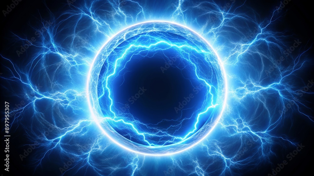 Vibrant electric blue lightning encircles a glowing plasma portal, radiating an otherworldly aura within a circular frame, set against a pristine white background.