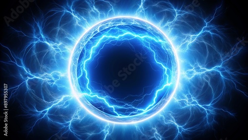 Vibrant electric blue lightning encircles a glowing plasma portal, radiating an otherworldly aura within a circular frame, set against a pristine white background. © DigitalArt Max