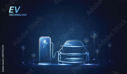 EV. Electric car connect to charging station on blue background. Eco power, EV charger, alternative energy, rechargeable battery, auto industry, future technology. vector.