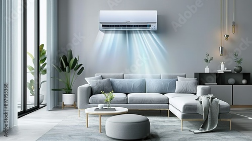 Energy-Efficient Air Conditioner Providing Fresh Air in a Modern Living Room