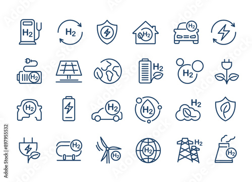 H2 icons, H2 symbol. green hydrogen production. renewable energy source. ecological energy and alternative energy in the future. global warming, chemistry sign. vector desig